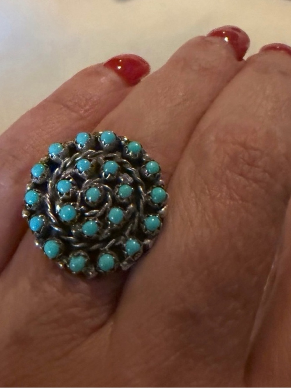 .925 Sterling Silver Turquoise Cluster Ring - Signed - Women Jewelry